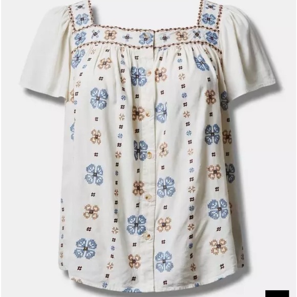 Torrid Embroidered Square Neck Short Sleeve Blouse Beach Linen Blend Sz 28-30 - Picture 2 of 11
